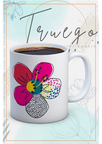 Baskılı Kupa Bardak Seramik Mug - Soyut Çiçek