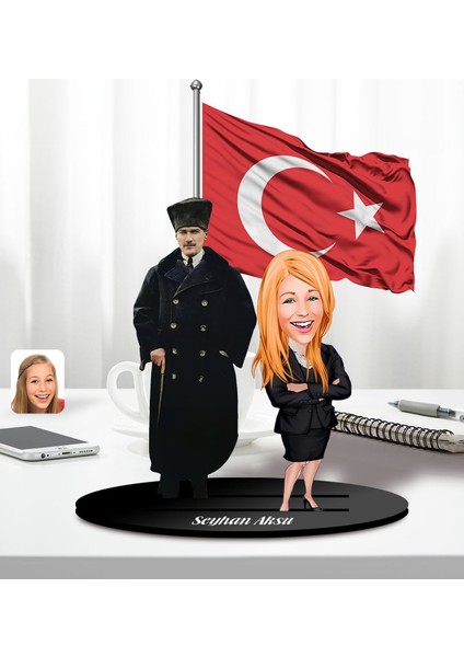Kişiye Özel Atatürk ve Kadın(Erkek) Öğretmen Temalı 2 Katmanlı Karikatürlü Ahşap Biblo- 3, Öğretmene Hediye, Öğretmenler Günü, 100. Yıl Hediyesi