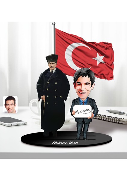 Kişiye Özel Atatürk ve Erkek(Kadın) Öğretmen Temalı 2 Katmanlı Karikatürlü Ahşap Biblo- 3, Öğretmene Hediye, Öğretmenler Günü, 100. Yıl Hediyesi