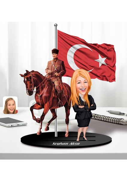 Bk Gift Kişiye Özel Atatürk ve Kadın(Erkek) Öğretmen Temalı 2 Katmanlı Karikatürlü Ahşap Biblo- 1, Öğretmene Hediye, Öğretmenler Günü, 100. Yıl Hediyesi