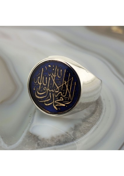 925 Ayar Gümüş Mavi Mineli Kelime-I Tevhid Yazılı Erkek Yüzük