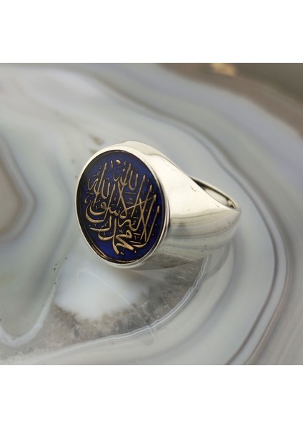 925 Ayar Gümüş Mavi Mineli Kelime-I Tevhid Yazılı Erkek Yüzük fiyatları