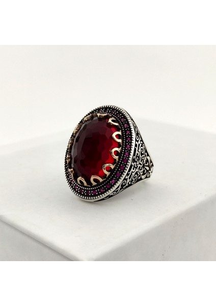 925 Ayar Gümüş Sarmaşık Desenli Kırmızı Ruby Taşlı Erkek Yüzük