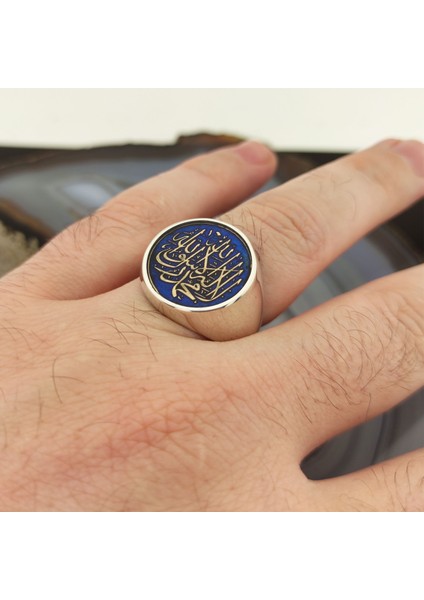 925 Ayar Gümüş Mavi Mineli Kelime-I Tevhid Yazılı Erkek Yüzük modelleri