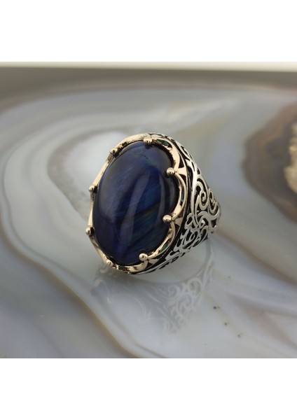 925 Ayar Gümüş Mavi Kaplan Gözü Taşlı Kral Tacı Erkek Yüzük