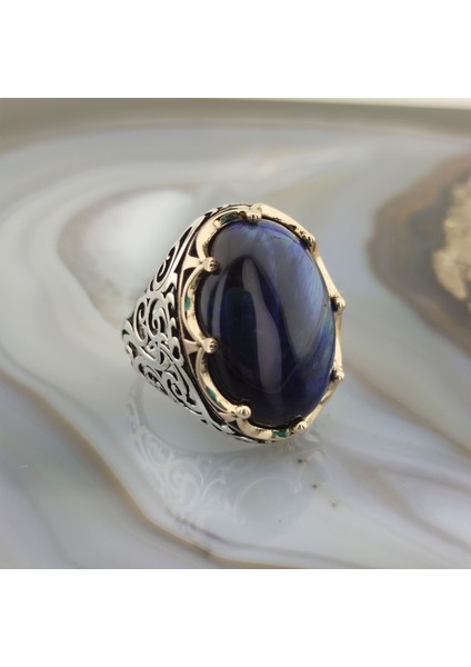 925 Ayar Gümüş Mavi Kaplan Gözü Taşlı Kral Tacı Erkek Yüzük fiyatları