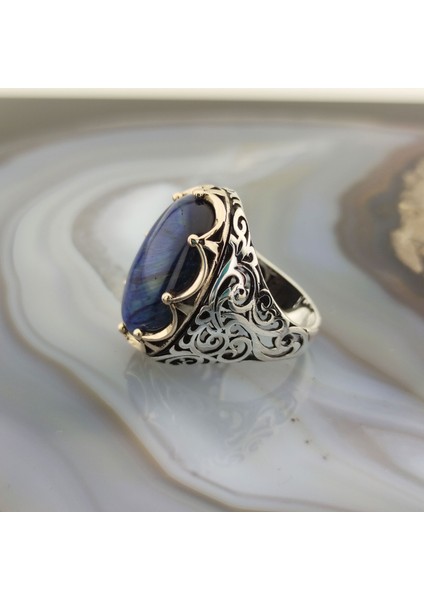 925 Ayar Gümüş Mavi Kaplan Gözü Taşlı Kral Tacı Erkek Yüzük modelleri