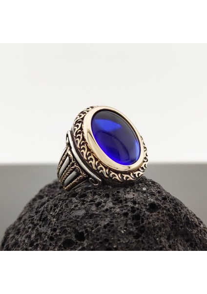 925 Ayar Gümüş Mavi Zirkon Taşlı Sütun Desenli Erkek Yüzük