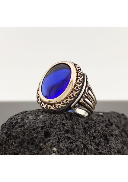 925 Ayar Gümüş Mavi Zirkon Taşlı Sütun Desenli Erkek Yüzük fiyatları