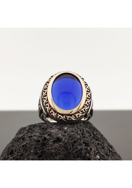 925 Ayar Gümüş Mavi Zirkon Taşlı Sütun Desenli Erkek Yüzük modelleri