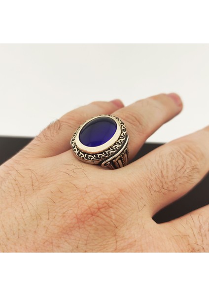 925 Ayar Gümüş Mavi Zirkon Taşlı Sütun Desenli Erkek Yüzük fırsatları