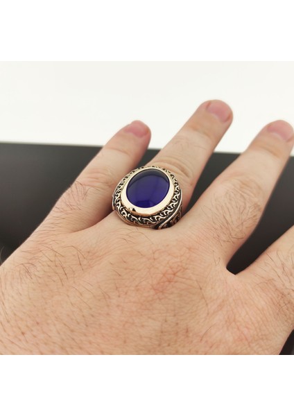 925 Ayar Gümüş Mavi Zirkon Taşlı Sütun Desenli Erkek Yüzük indirimleri