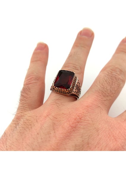 925 Ayar Gümüş Kırmızı Taşlı Duvar Desenli Yüzük indirimleri