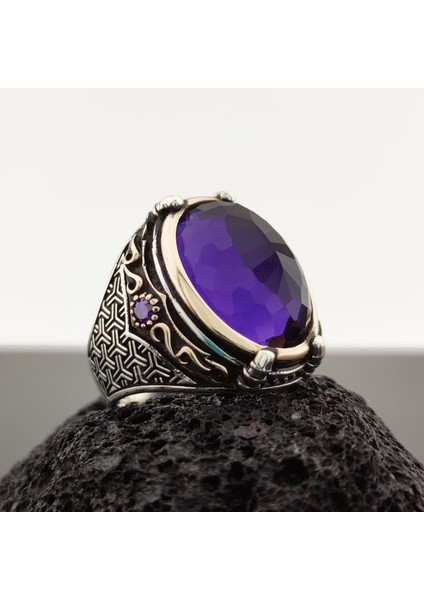 925 Ayar Gümüş Ametist Taşlı Kartal Pençesi Detaylı Erkek Yüzük