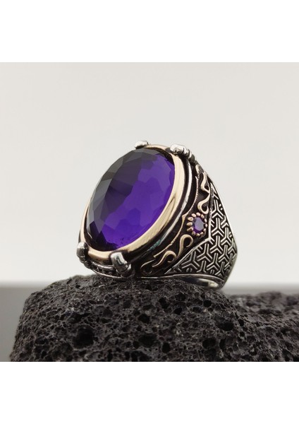 925 Ayar Gümüş Ametist Taşlı Kartal Pençesi Detaylı Erkek Yüzük fiyatları
