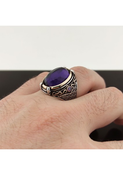925 Ayar Gümüş Ametist Taşlı Kartal Pençesi Detaylı Erkek Yüzük indirimleri