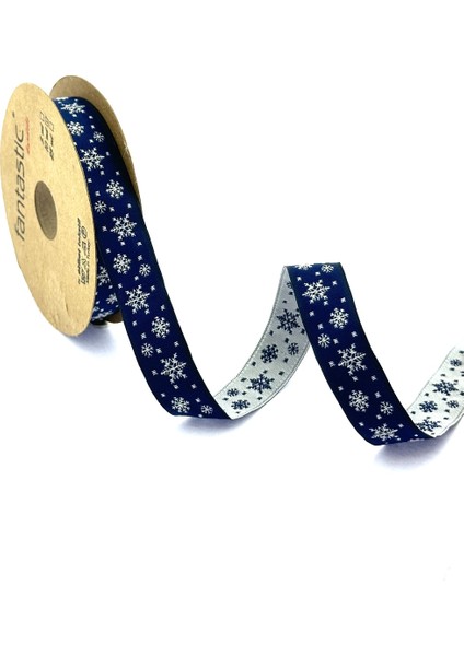 Kar Tanesi / Yılbaşı Desen Lacivert Dokuma Kurdele (16MM Genişlik - 10MT Uzunluk)
