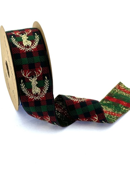 Geyik Desenli Simli Dokuma Yılbaşı Kurdelesi (40MM Genişlik - 10MT Uzunluk)