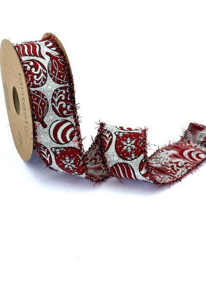 Kar Tanesi / Balon Desen Simli & Saçaklı Dokuma Yılbaşı Kurdelesi (35MM Genişlik - 10MT Uzunluk)