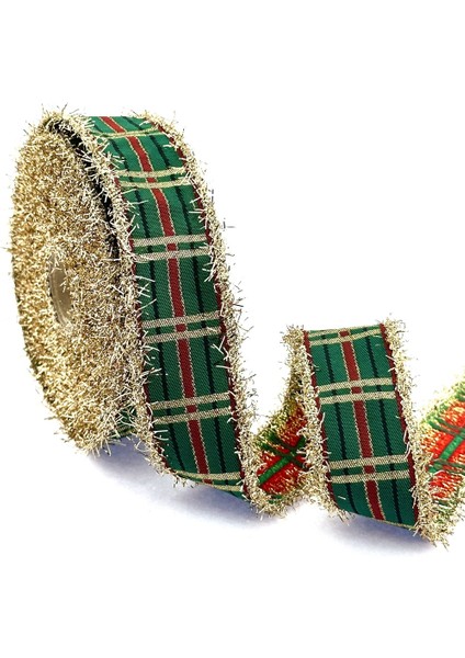 Altın Saçaklı Dokuma Yılbaşı Kurdelesi (25MM Genişlik - 10MT Uzunluk)