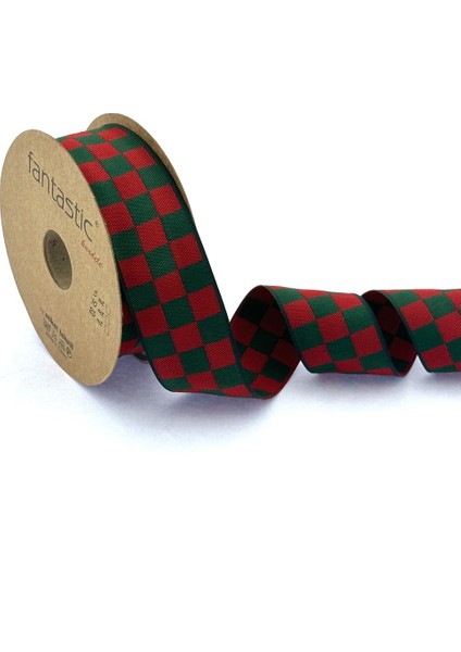 Dama Desen/ekose Yeşil Kırmızı Kurdele (3cm Genişlik - 10MT Uzunluk)