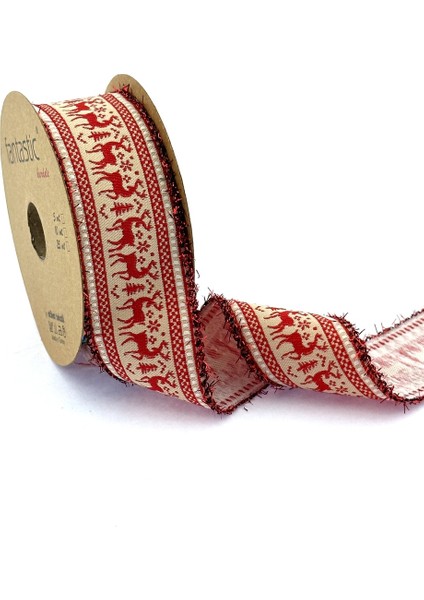 Geyik Desenli Dokuma Yılbaşı Kurdelesi (40MM Genişlik - 10MT Uzunluk)
