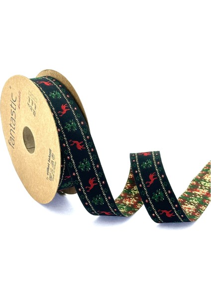 Yılbaşı, Geyik / Çam Ağacı Desen Simli & Saçaklı Dokuma Kurdele (25MM Genişlik - 10MT Uzunluk)