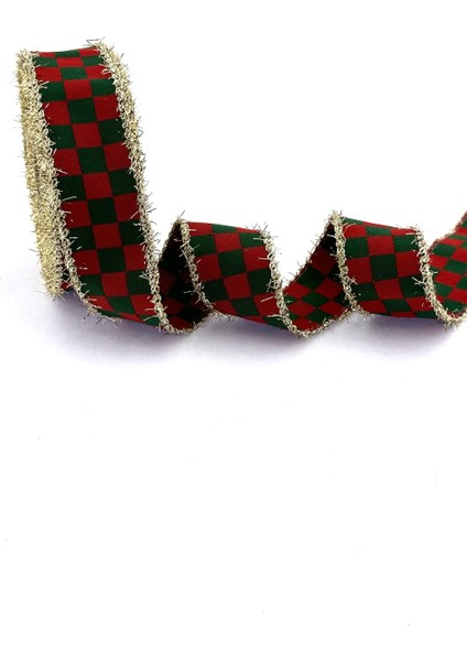 Dama Desen/ekose Yeşil Kırmızı Saçaklı Kurdele (3cm Genişlik - 10MT Uzunluk)