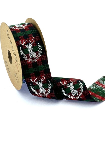 Geyik Desenli Simli Dokuma Yılbaşı Kurdelesi (40MM Genişlik - 10MT Uzunluk)