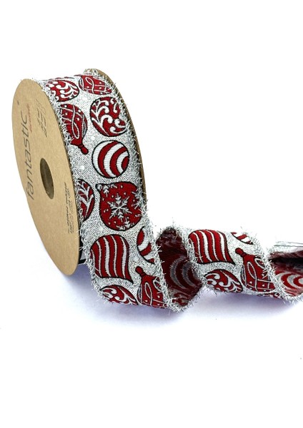 Kar Tanesi / Balon Desen Simli & Saçaklı Dokuma Yılbaşı Kurdelesi (35MM Genişlik - 10MT Uzunluk)