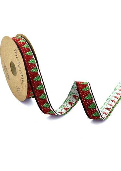 Çam Ağacı / Yılbaşı Desen Kırmızı Dokuma Kurdele (16MM Genişlik - 10MT Uzunluk)