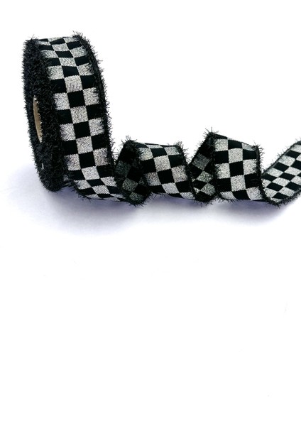 Dama Desen/ekose Siyah Gri Sim Saçaklı Kurdele (3cm Genişlik - 10MT Uzunluk)