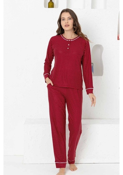 Bordo Puantiyeli Süet Kadın Pijama Takımı 2749Uy