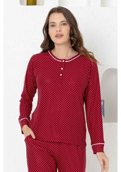 Bordo Puantiyeli Süet Kadın Pijama Takımı 2749Uy