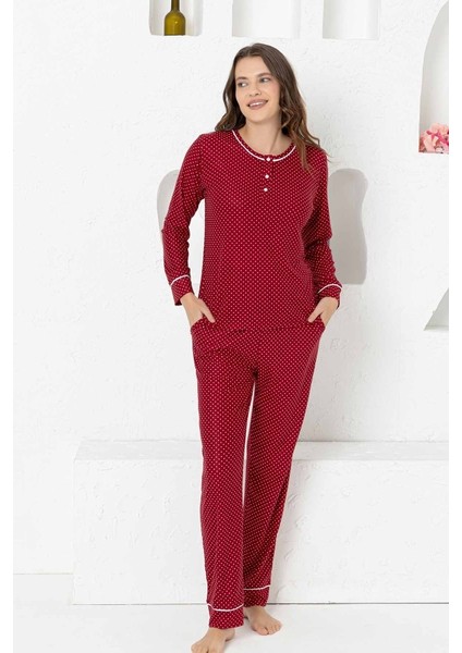 Bordo Puantiyeli Süet Kadın Pijama Takımı 2749Uy