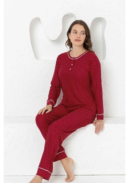 Bordo Puantiyeli Süet Kadın Pijama Takımı 2749Uy