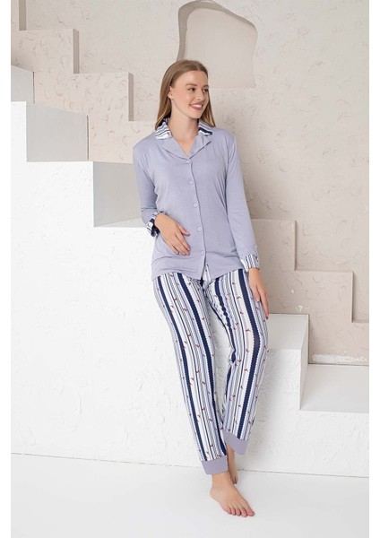 Mavi Çizgili Likralı Önden Pijama Takımı 2740Uy fiyatları