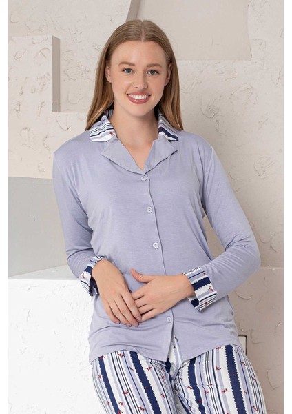 Mavi Çizgili Likralı Önden Pijama Takımı 2740Uy modelleri