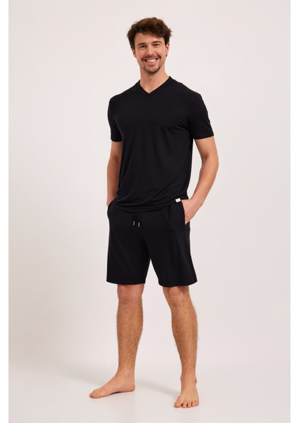 Erkek Silver V Yaka Pijama Üst Siyah