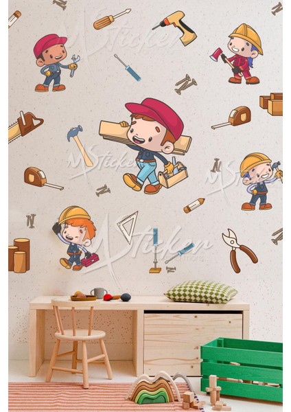 Küçük Marangozlar Tamirciler Çocuk Bebek Odası Cam Duvar Sticker Seti