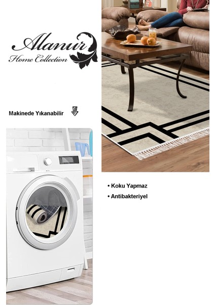 Dijital Salon Halısı Star Pamuk Kaymaz Taban Saçaklı Modern Ashlea Gri Siyah modelleri