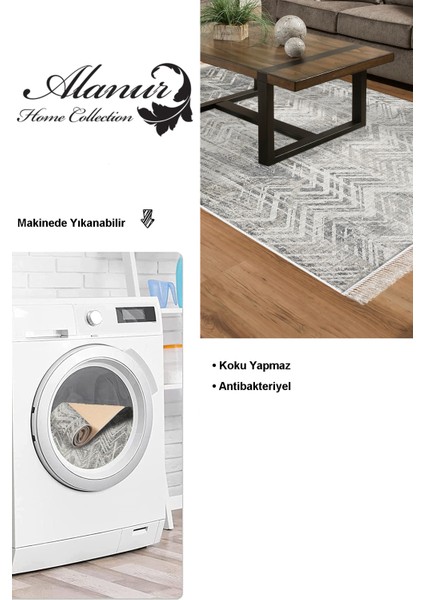 Dijital Salon Halısı Yıldız Deri Kaymaz Taban Saçaklı Iskandinav Mel Gri