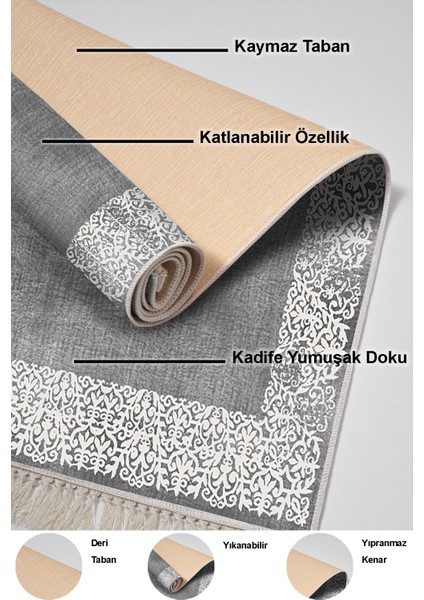 Dijital Salon Halısı Yıldız Deri Kaymaz Taban Saçaklı Modern Sequoia Gri