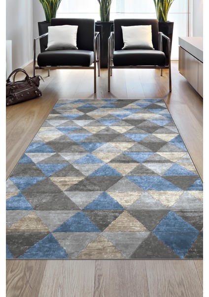 Dijital Salon Halısı Star Pamuk Kaymaz Taban Iskandinav Kitty Mavi