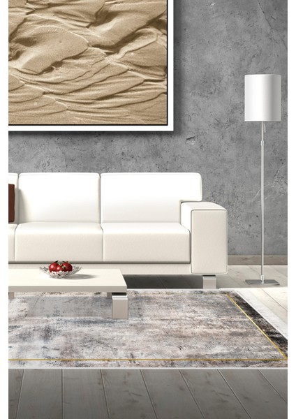Dijital Salon Halısı Yıldız Deri Kaymaz Taban Saçaklı Modern Landen Gri