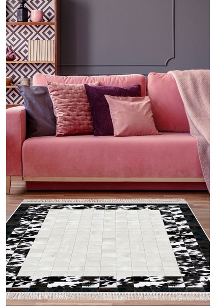 Dijital Salon Halısı Yıldız Deri Kaymaz Taban Saçaklı Modern Mallow Siyah