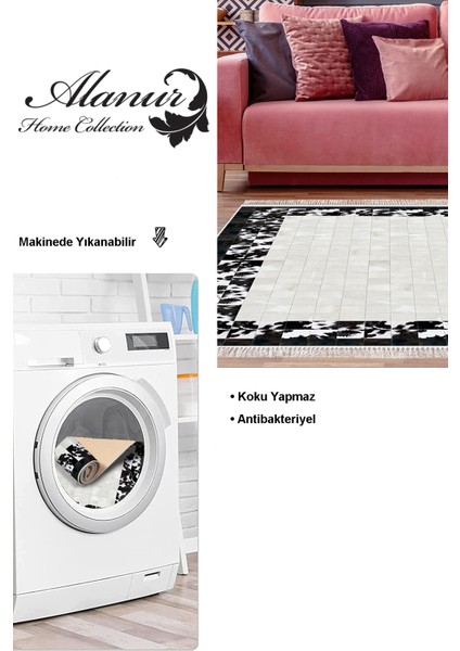Dijital Salon Halısı Yıldız Deri Kaymaz Taban Saçaklı Modern Mallow Siyah