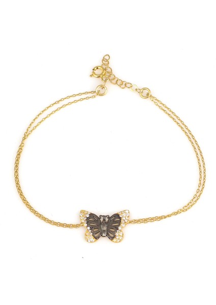 925 Ayar Gümüş Kelebek Model Bileklik, Sarı - Beyaz Taş