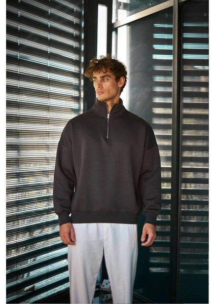 Erkek Içi Polarlı Fermuarlı Dik Yaka Sweatshirt
