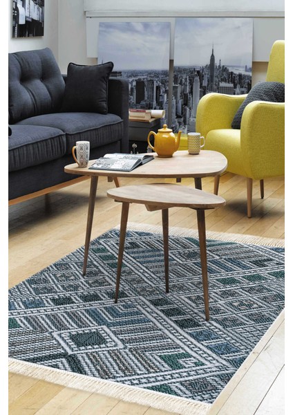 Dijital Salon Halısı Yıldız Deri Kaymaz Taban Saçaklı Modern Rylee Mavi